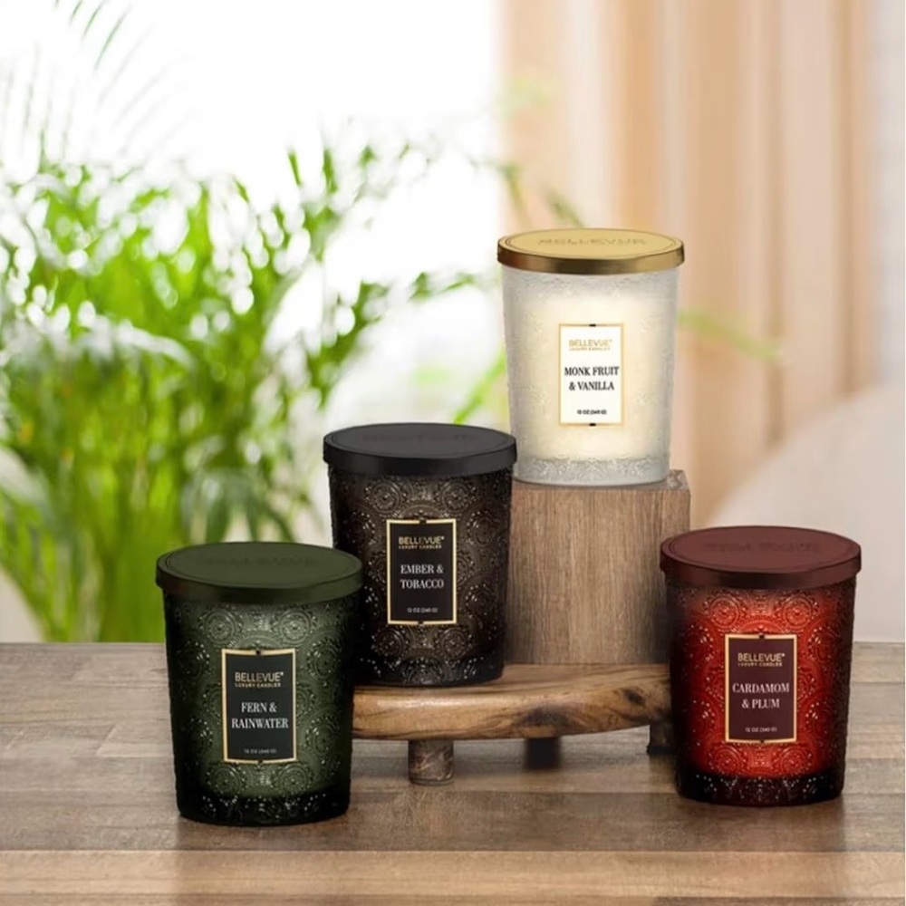 Bellevue Luxury Candles Embossed Glass 4- 12 oz Pack New